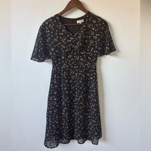 Roolee Black Midi Dress with Pink Floral Print